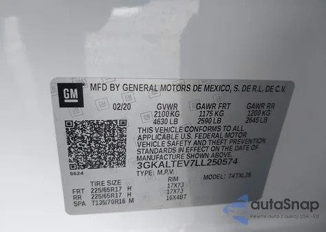 2020 GMC Terrain Awd Sle z USA, uszkodzony, nr VIN 3GKALTEV7LL250574